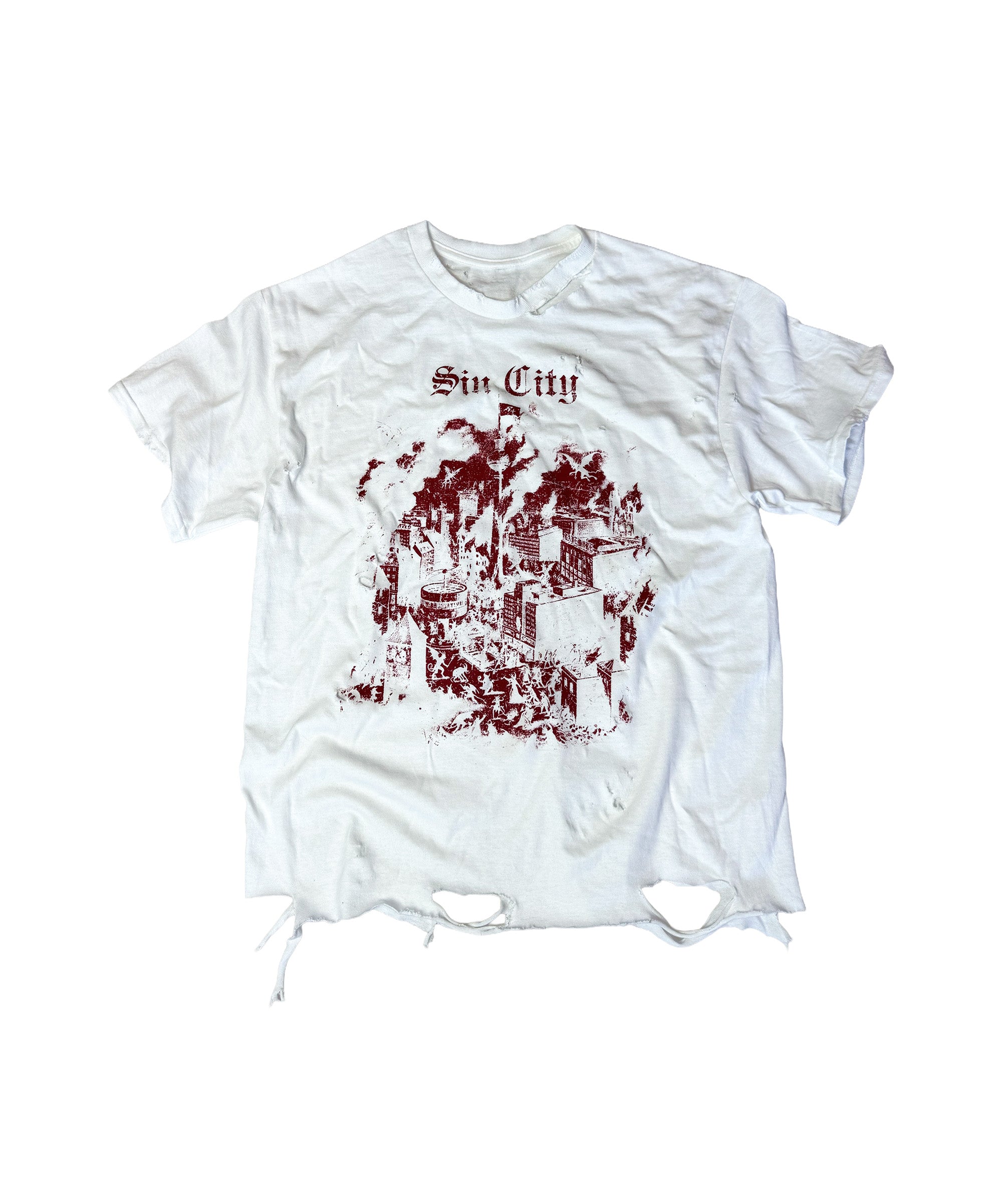 SIN CITY - DISTRESSED T-SHIRT | WHITE/RED UNISEX